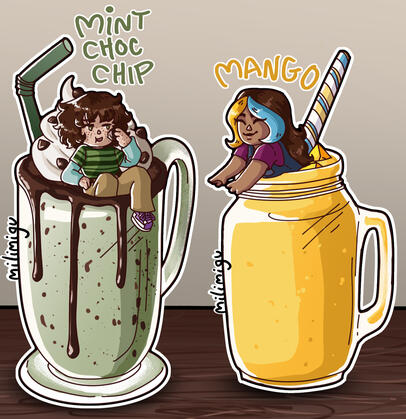 Two chibi characters, each sitting in an oversized smoothie jar. A freckled white boy is sitting in a mint chocolate chip shake, while a filipina girl smiles as she leans out of a mango shake.