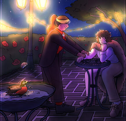 Two teens in a garden at night. A filipina girl dressed reminiscent of a robin is trying to encourage a white boy dressed like a hedgehog to get up and dance.