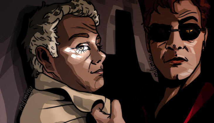 A demon (Crowley) holds an angel (Aziraphale) by the scruff of his jacket against a wall. The demon is arching an angry eyebrow at the viewer, a snake eye showing through his sunglasses, while the angel smirks at the viewer sidelong. The angel's face is br