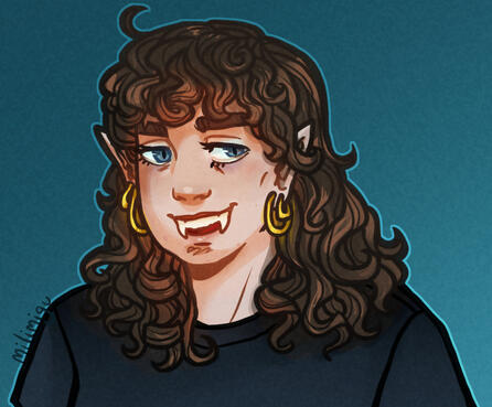 A digital drawing of a light skinned person with brown curly hair in a grown-out mullet and tired blue-green eyes. She has pointy vampire teeth and ears and has her ears pierced twice each.